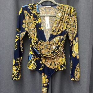 Versace Inspired Navy and Gold Women's Top